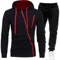 Ensemble de survêtement de sport pour homme avec sweat à capuche et zip rouge oblique - S / Noir Avec Fermeture Éclair Rouge