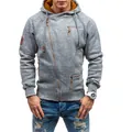 Grijze gemêleerde herenhoodie met asymmetrische rits en mosterdgele capuchonvoering - S / Lichtgrijs