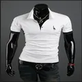 Men's slim fit white short sleeve polo shirt with navy blue trim and giraffe logo - S / White and Navy