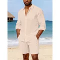 Ensemble décontracté deux pièces en lin beige pour hommes avec chemise et short - S / Kaki