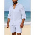 Ensemble décontracté en lin blanc pour homme avec chemise à manches longues et short de plage - S / Blanc