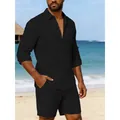 Ensemble classique chemise décontractée manches longues en lin noir et short assorti - S / Noir