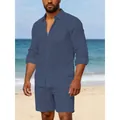 Ensemble décontracté en lin bleu marine pour homme avec chemise à manches longues et short - S / Bleu marine