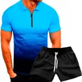 Blue gradient zip-up polo shirt and black drawstring shorts summer casual sports set. - Navy Blue