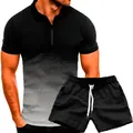 Men's casual summer sports set with black gradient polo shirt and matching shorts. - Light Gray