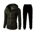 Two-piece men's athletic tracksuit set featuring olive green hoodie and black joggers set - Army Green (Top And Pants)