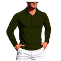 Dettaglio di polo da uomo a maniche lunghe in maglia a coste verde scuro slim fit - Verde Militare
