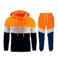 Men's color-block jacquard tracksuit set featuring hoodie and matching sweatpants. - Orange White Blue Patchwork