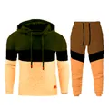 Herren-Zweiteiler Jacquard-Trainingsanzug mit Kapuzenpullover und passender Jogginghose - S / Oliv Schwarz Aprikose Patchwork
