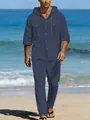 Elegant men's navy blue linen casual two-piece outfit with hooded shirt and pants - S / Top And Bottom / Navy Blue