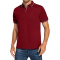Detailed view of a men's burgundy short sleeve polo shirt with striped collar trim - Burgundy