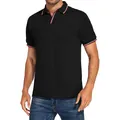 Detalle de polo negro para hombre con cuello y mangas a rayas rojas y blancas contrastantes - S / Negro