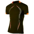 Detailed view of a men's quick-dry compression sports T-shirt with athletic pattern - Army Green