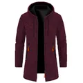 Detail view of men's hooded knit cardigan with heathered maroon texture and zipper - Burgundy