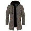 Men's hooded mid-length knit cardigan with thin fleece lining and orange zipper accents - Coffee