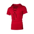 Detailed view of red men's hooded T-shirt with unique black lace-up V-neck design - Burgundy