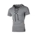 Casual men's grey hooded short sleeve T-shirt featuring stylish black lace-up front detail - S / Dark Gray