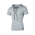 Premium men's casual grey hooded short sleeve T-shirt featuring hip-hop lace-up neckline - S / Light Gray