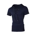 Stylish men's navy blue short sleeve hooded t-shirt featuring a unique lace-up neck design - Navy Blue