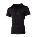 Men's casual black hooded T-shirt with stylish lace-up front design and short sleeves - S / Black