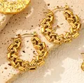 Chunky 18K gold plated titanium steel hoop earrings with geometric hollow design - Geometric Chain Hollow Style (F3008-Style C)