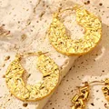 Exaggerated 18K gold plated hammered texture hollow hoop earrings in titanium steel - Circular Hollow Style (F3008-Style D)
