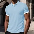 Men's light blue ice silk mesh polo shirt with white trim and color-block design - Light Blue