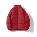 Detailed view of a vibrant red unisex puffer jacket with stand collar and zipper - S / Red