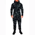Premium men's dark camouflage outdoor tracksuit set with hooded zip jacket and joggers - M / Camouflage Dark Grey