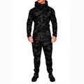 Men's outdoor camouflage tracksuit with hooded jacket and joggers in dark camo pattern - M / Camo Green