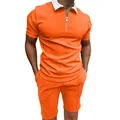 Men's vibrant orange short-sleeve polo and shorts casual set featuring a zipper neck - S / Orange
