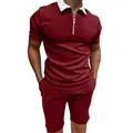 Detail of men's burgundy casual polo shirt with white zipper collar and matching shorts set - S / Dark Red