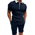Men's navy blue polo set featuring a white zipper collar and matching shorts detail. - Navy Blue