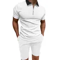 Classic men's slim fit white short sleeve zipper polo shirt and matching shorts outfit - White