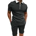 Conjunto de polo negro ajustado para hombre con cremallera y pantalones cortos - S / Tops / Gris oscuro