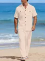 Coupe globale de l'ensemble chemise en lin beige à manches courtes et pantalon long - S / Tenue Chemise Manches Courtes et Pantalon / Kaki