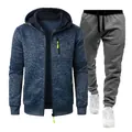 Close-up of men's textured zip-up hoodie and grey sweatpants with lime accents - S / Navy Blue (Top) And Dark Gray (Pants)