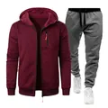 Detailed view of men's burgundy hooded jacket and grey knit joggers tracksuit set - S / Wine Red (Top) And Dark Gray (Pants)