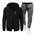 Men's sports tracksuit set featuring a black hooded jacket and grey knit sweatpants - S / Black (Top) And Dark Gray (Pants)