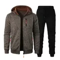 Men's sports tracksuit featuring a brown jacquard hooded jacket and black jogger pants - S / Coffee (Top) And Black (Pants)