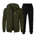 Men's athletic tracksuit set featuring olive green hooded jacket and black joggers - S / Army Green (Top) And Black (Pants)