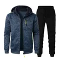 Men's jacquard knit sports set featuring a blue hooded jacket and black joggers - S / Navy Blue (Top) And Black (Pants)