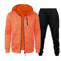 Detailed view of men's orange marl zip-up hoodie and black joggers tracksuit set. - S / Orange (Top) And Black (Pants)