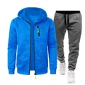 Men's blue textured hooded sweatshirt and grey jogger sweatpants two-piece sports set - S / Blue (Top) And Dark Gray (Pants)