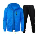 Men's blue textured hooded sweatshirt and black joggers casual sports tracksuit set - S / Blue (Top) And Black (Pants)