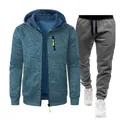 Two-piece men's athletic set with a blue jacquard zip-up hoodie and grey jogger pants. - S / Denim Blue (Top) And Dark Gray (Pants)