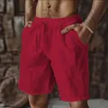 Men's trendy red cotton linen leisure shorts with drawstring elastic waist and pockets - Burgundy
