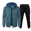 Detailed view of men's blue jacquard knit hooded jacket and black jogger pants set - S / Denim Blue (Top) And Black (Pants)