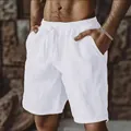 Men's breathable white cotton linen casual shorts with elastic drawstring waist design - S / White