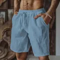 Men's breathable light blue cotton linen casual shorts with elastic drawstring waist - S / Light Blue